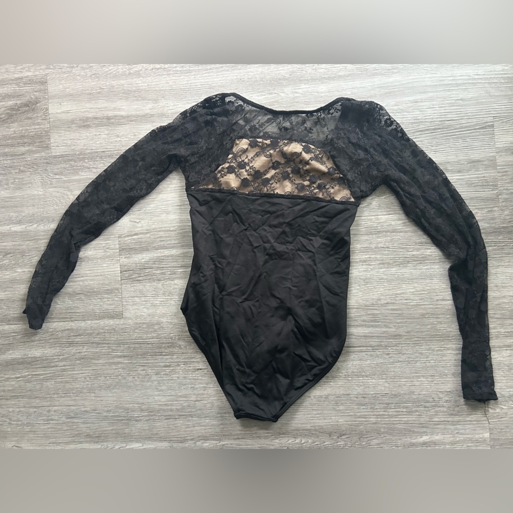 Black Lace Long Sleeve Dance Bodysuit Leotard size Small